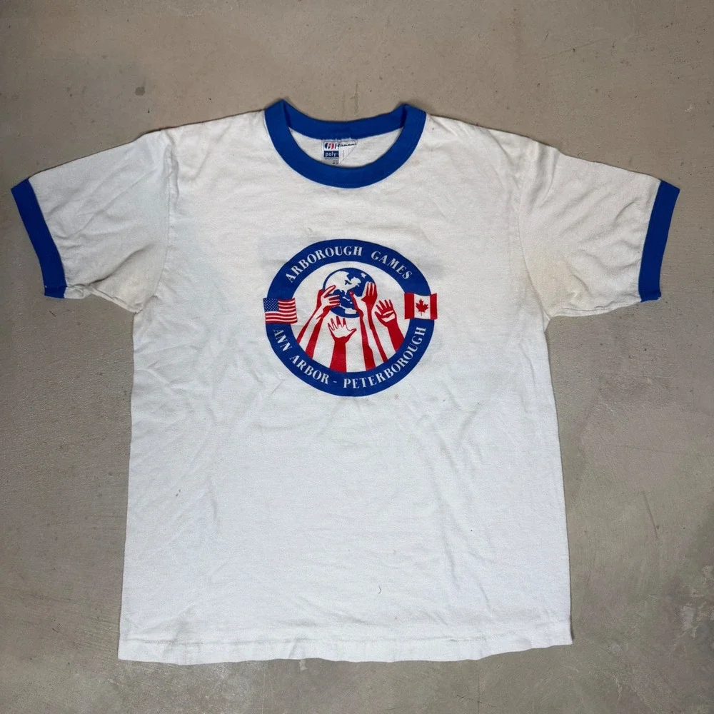 Vintage 80s Hanes Arborough Games Ringer T-Shirt Mens Medium Jersey